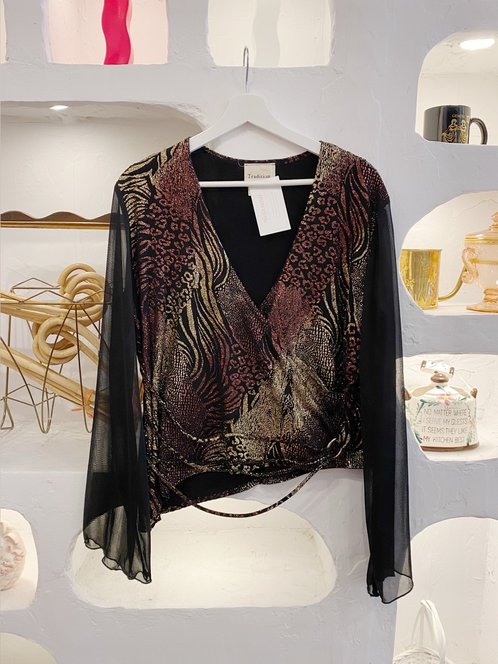 Y2K Vintage Wrap Top with Metallic Animal Print, Asymmetrical Hem, Sheer Sleeves